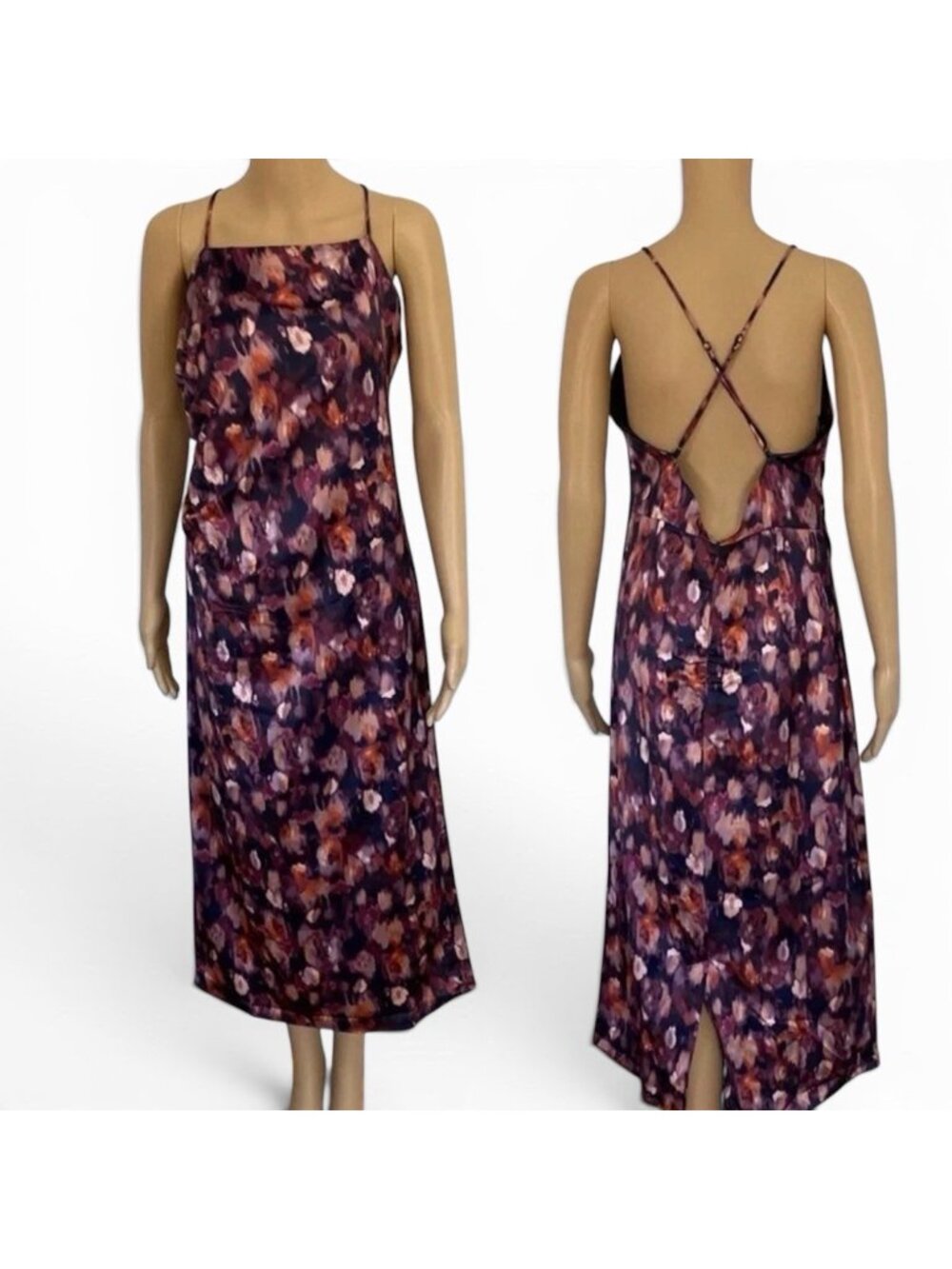 Jason Wu Satin Midi Dress Size XS Strappy Low Back Romantic Evening Floral Paint - Picture 14 of 15